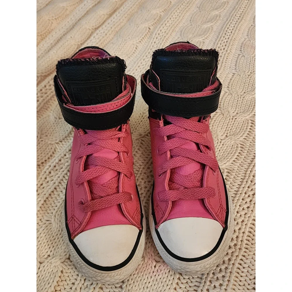 Converse Chuck Taylor All Star Brea Hi Pink Black Leather Shoes Kids Size 13